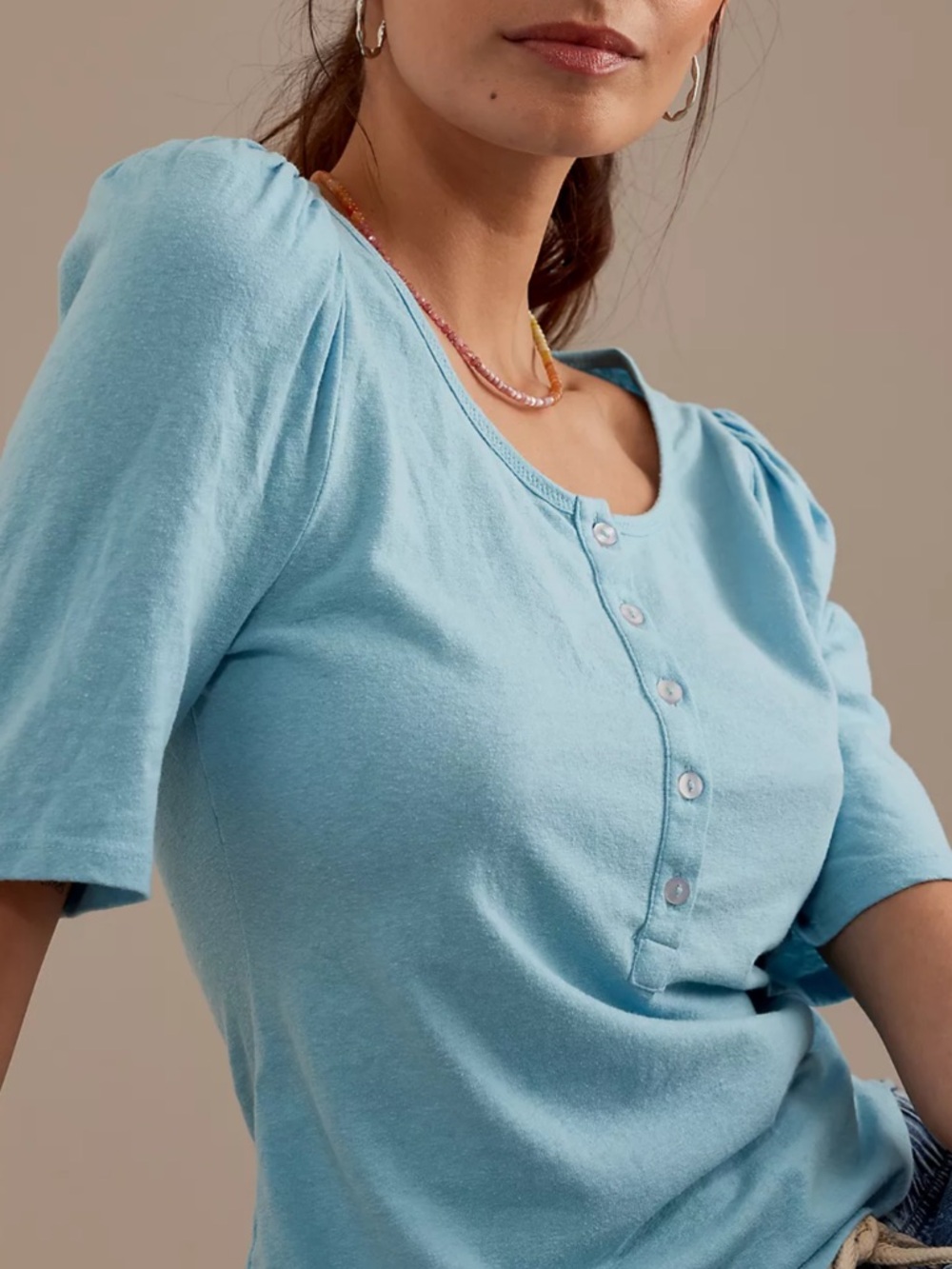 Anthropologie Sky Blue Short-Sleeve Henley with Puff Shoulders